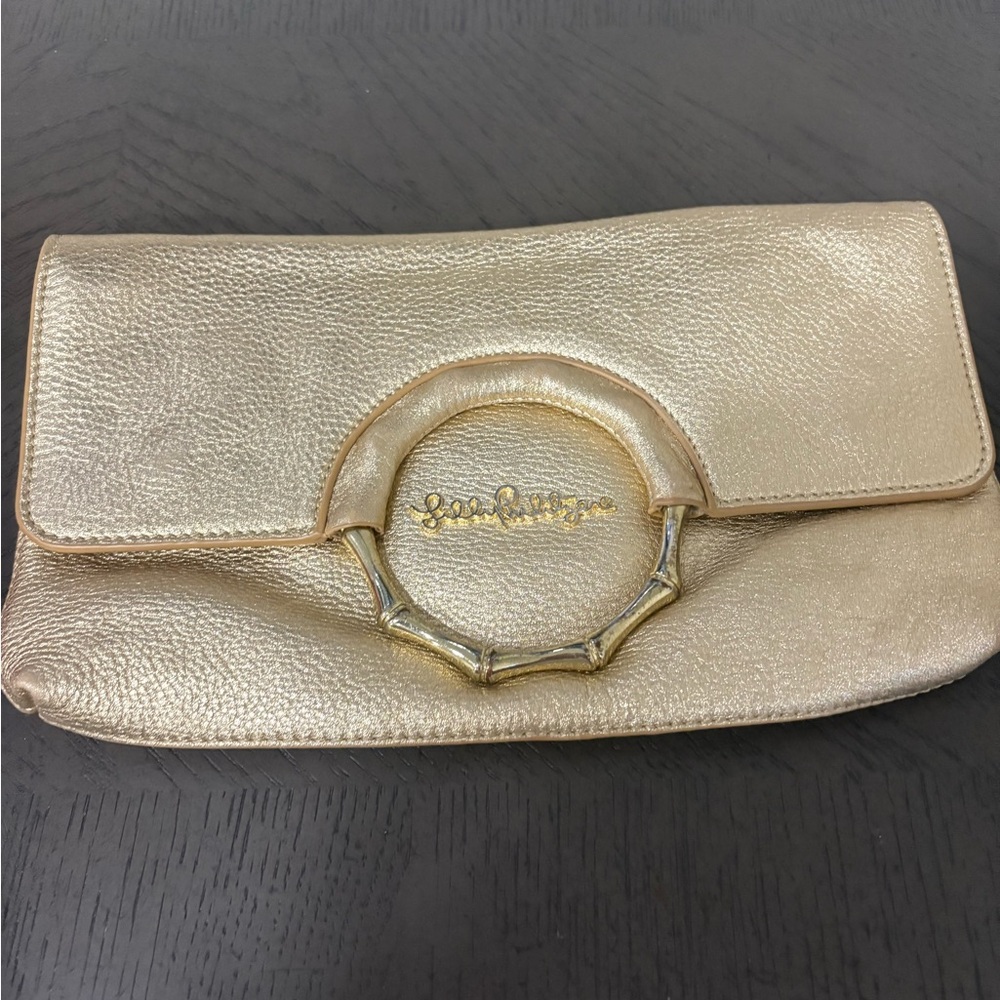 Lilly Pulitzer Gold Clutch with Circular Hardware